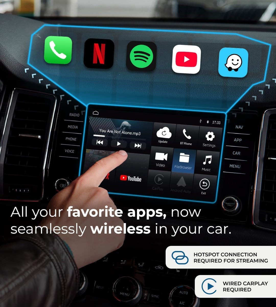 AI Box Lite Air – Wireless Adapter for Factory Carplay – Stream Personal Media & Online Apps via Phone Hotspot – Fast Plug & Play Performance – Works with Authorized Accounts